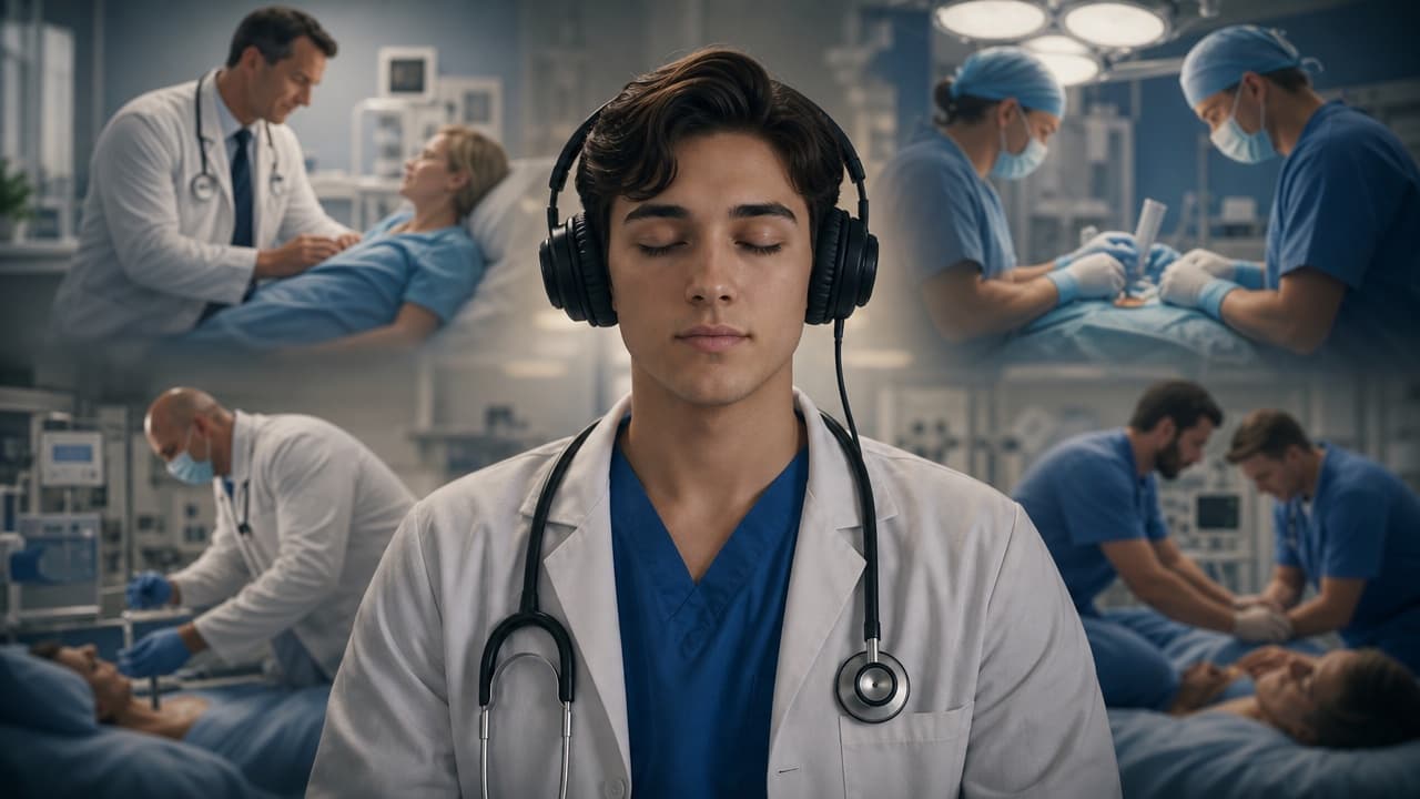Doctor with headphones in deep mental rehearsal, surrounded by clinical scenarios